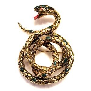 Signed Art Green Enamel Red Rhinestone Eyes Coiled Snake Brooch Edgy Danger MCM